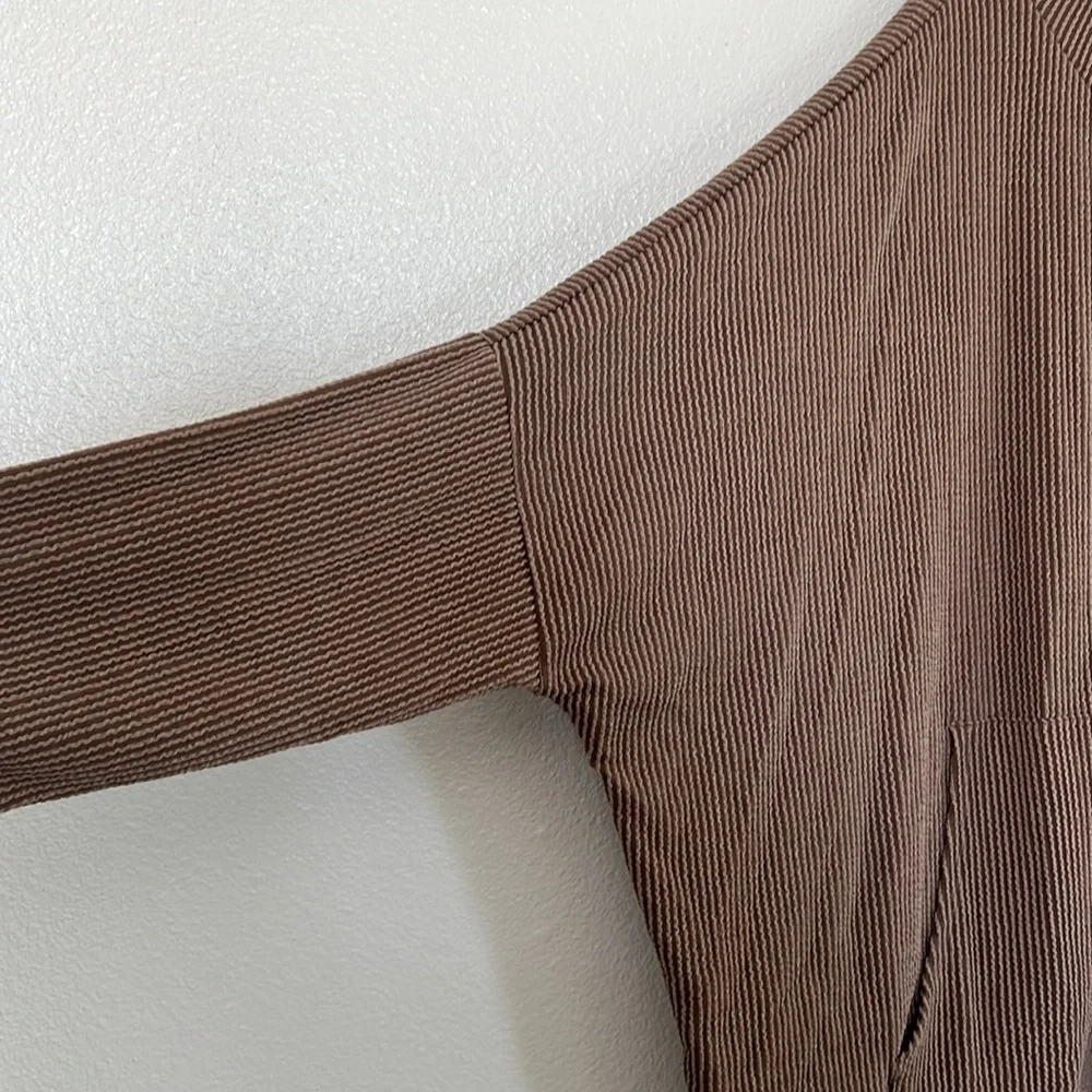 Brown Ribbed Zip-Front Hoodie